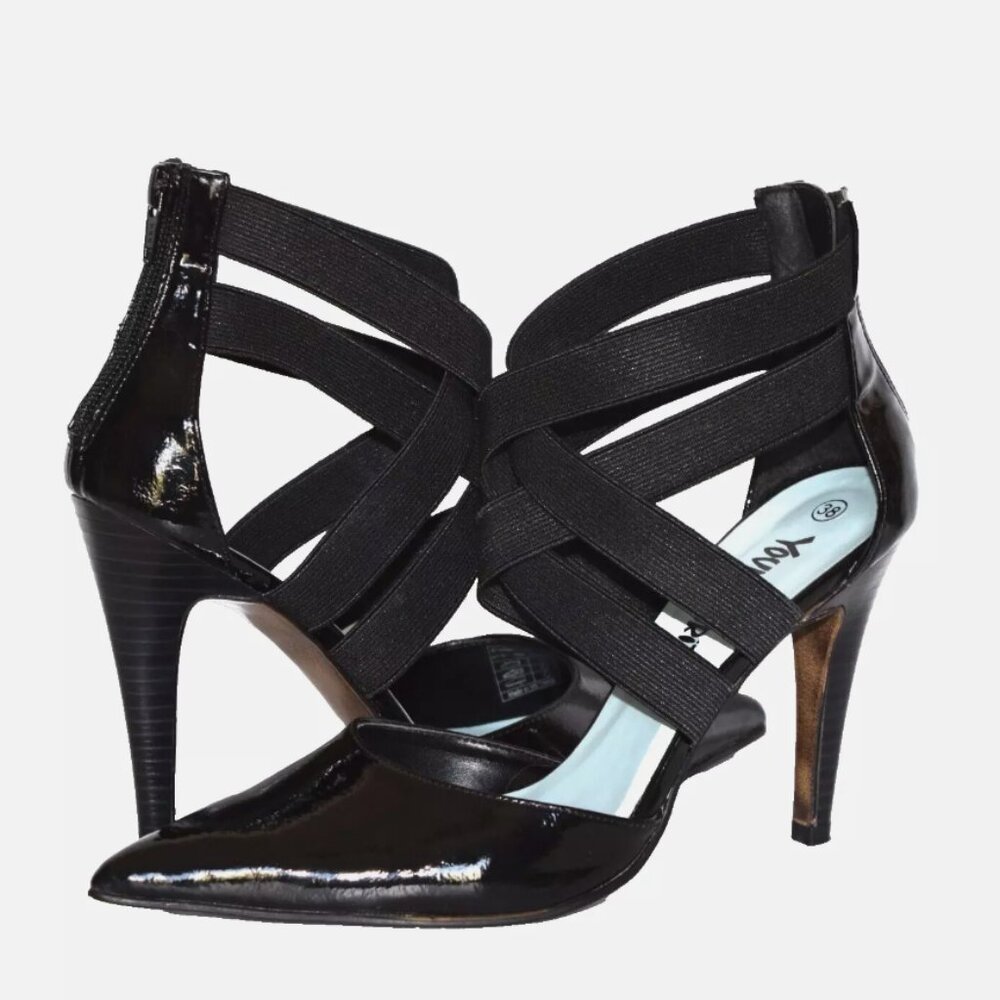 YOUNG SPIRIT Black Elastic Straps Pointed Toe Back Zipper Heels Size EU38/US 8